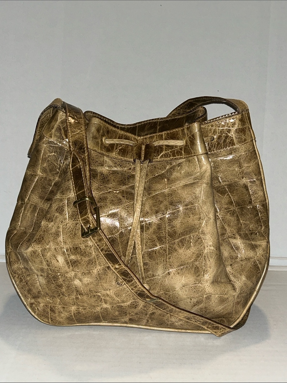 Vintage FURLA Croc embossed leather drawstring crossbody handbag